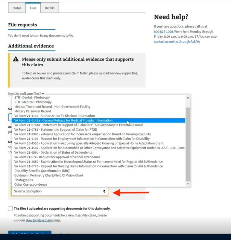 The Status Details page, showing a file ready for uploading and the 'Select a description' dropdown menu
