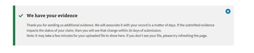 The Status Details page, showing the message stating the VA has received the evidence<
