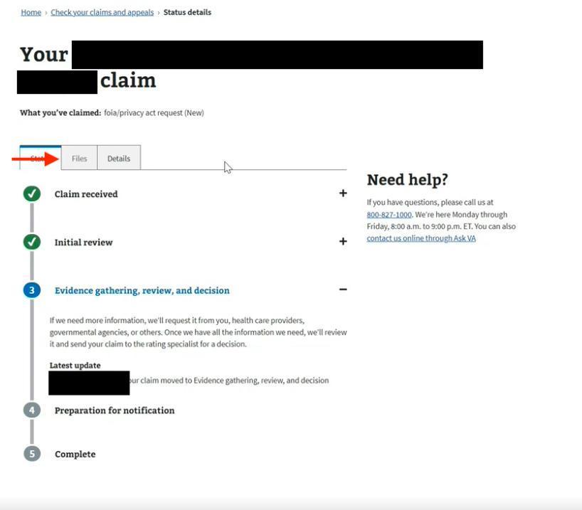 The Status Details page, showing the Files Tab