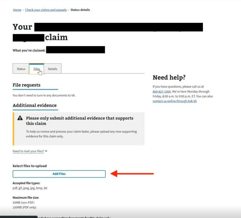 The Status Details page, showing the Files Tab and the 'Add Files' button