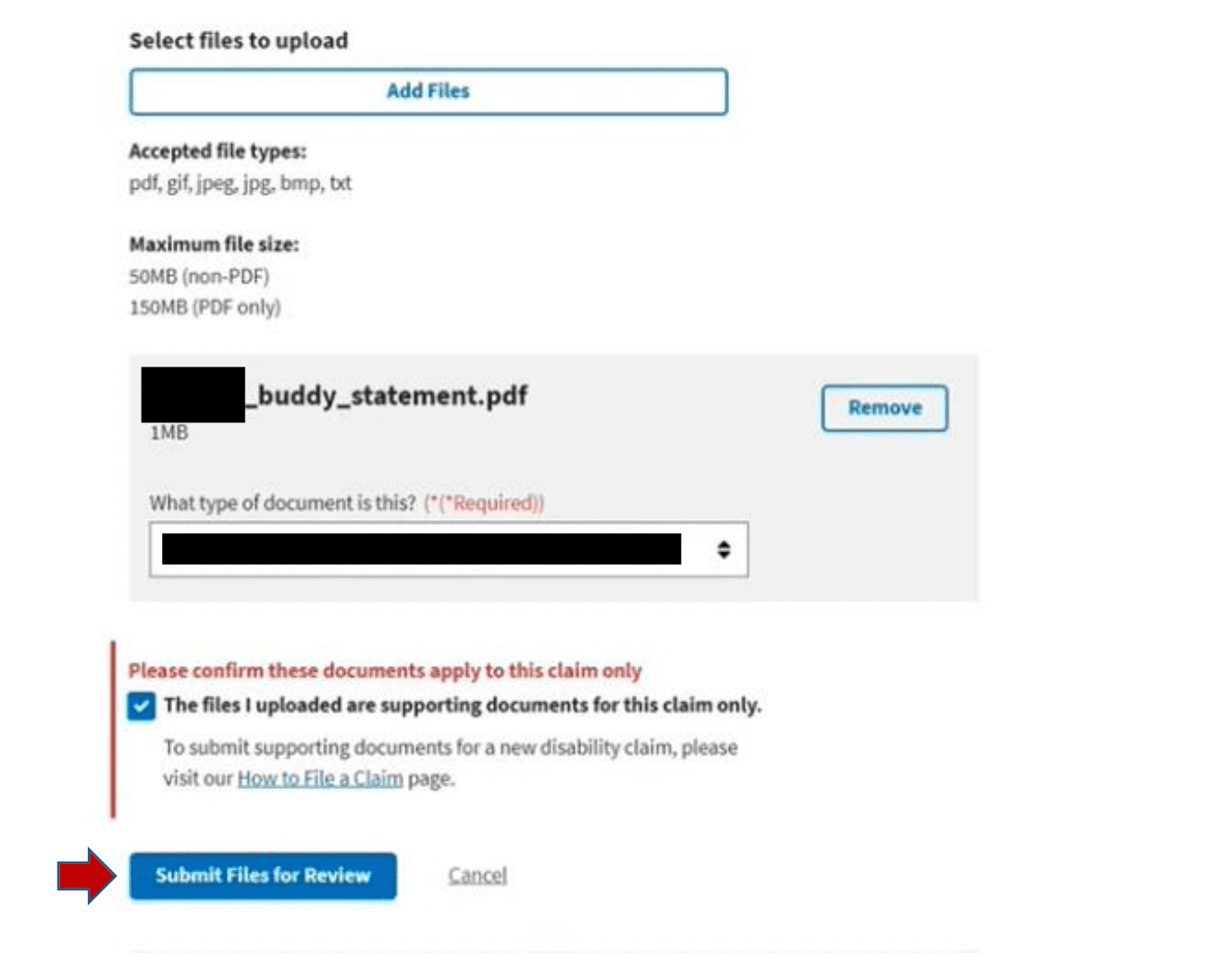The Status Details page, showing a file ready for uploading and the 'documents for this claim only' checkbox