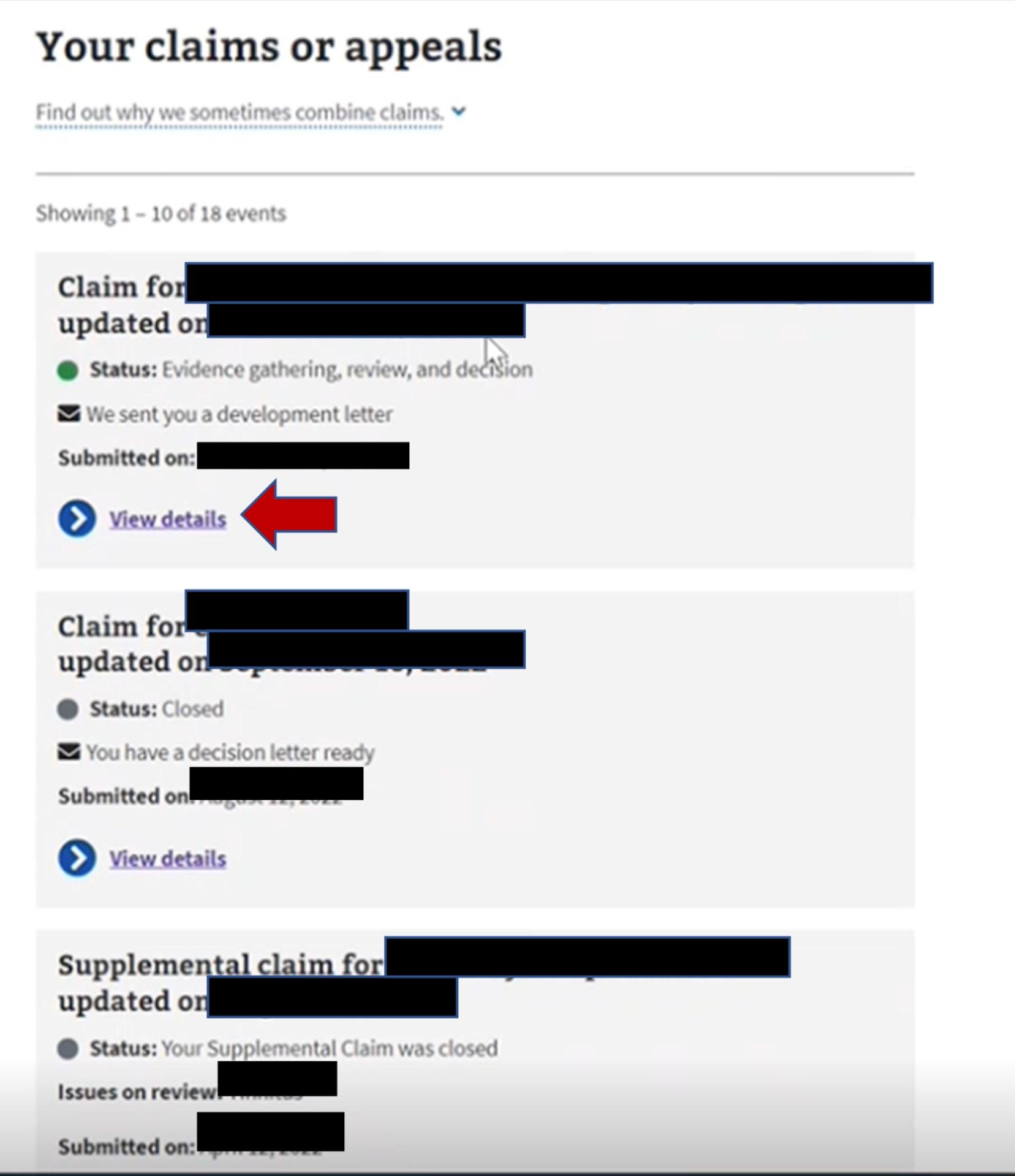 The Check Your Claim or Appeal status page